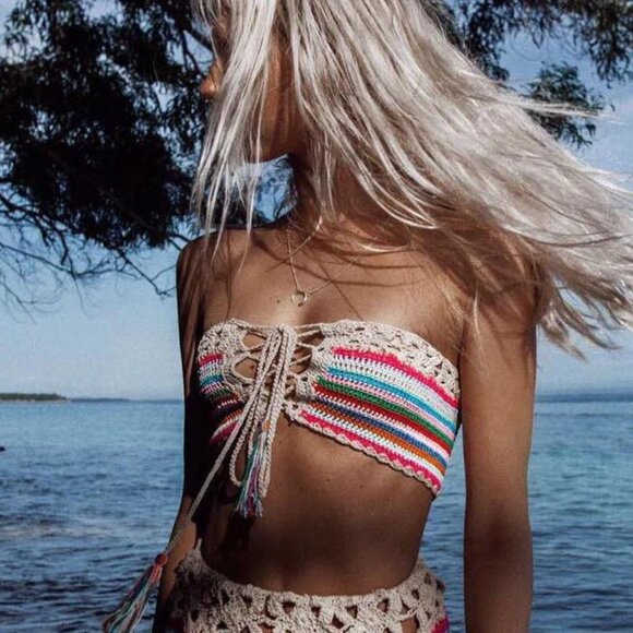 Andi Bagus Daisy Chain Tube Top S/M NWT Sand / Bright Stripes - Picture 2 of 3